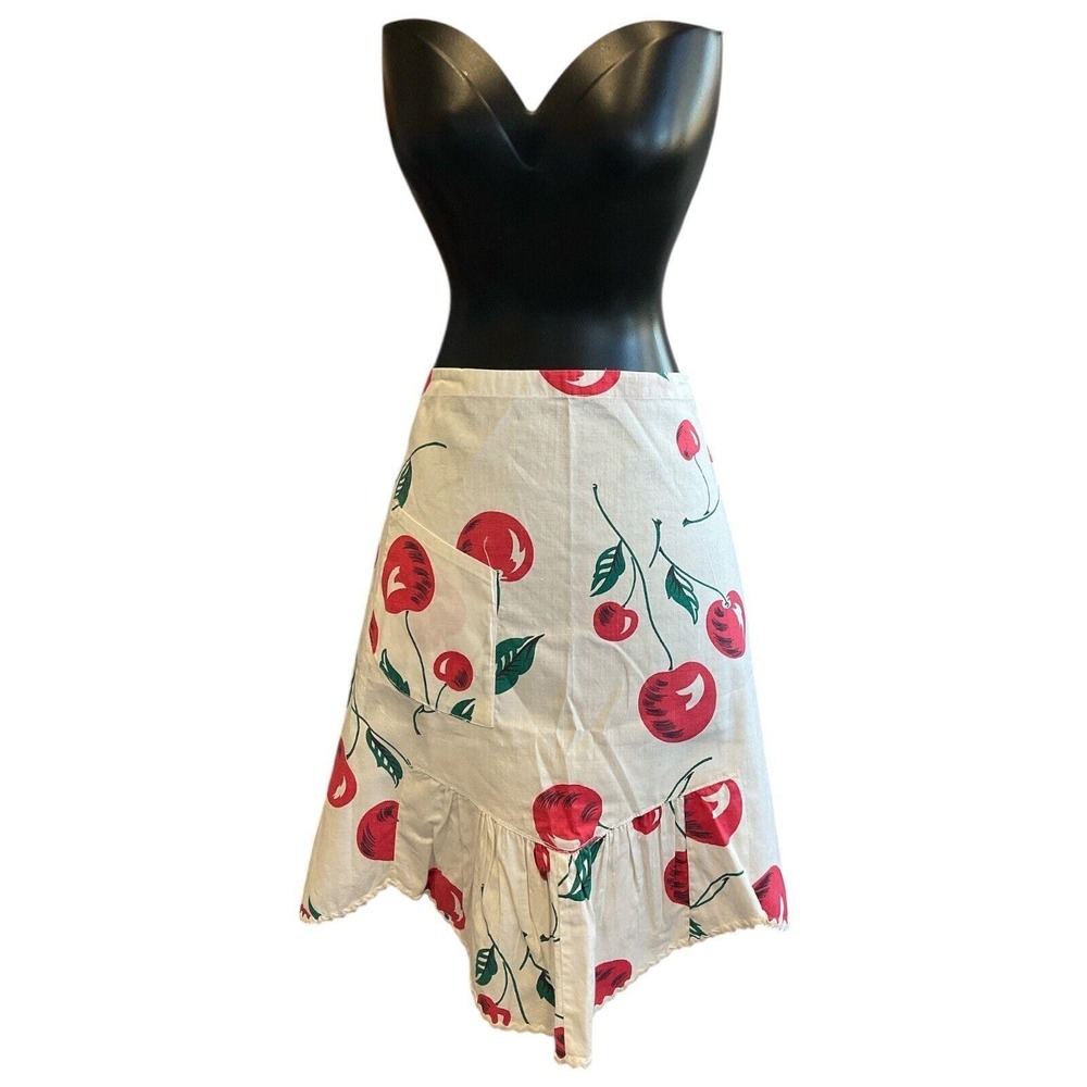 Vintage Apron Handmade Red Cherries on White Slant Pocket Rick‎ Rack Embellished